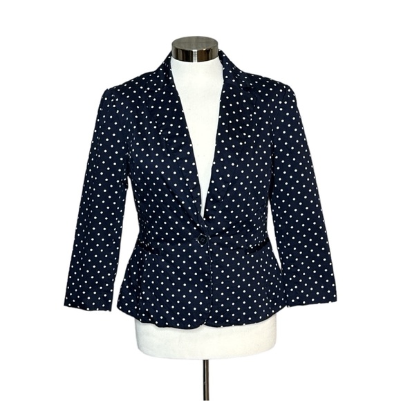 SANDRO STUDIO CAREER NAVY POLKA DOT LIGHTWEIGHT STRETCH CROPPED BLAZER - Picture 2 of 12